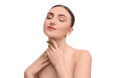 Photo of Beautiful woman touching her neck on white background