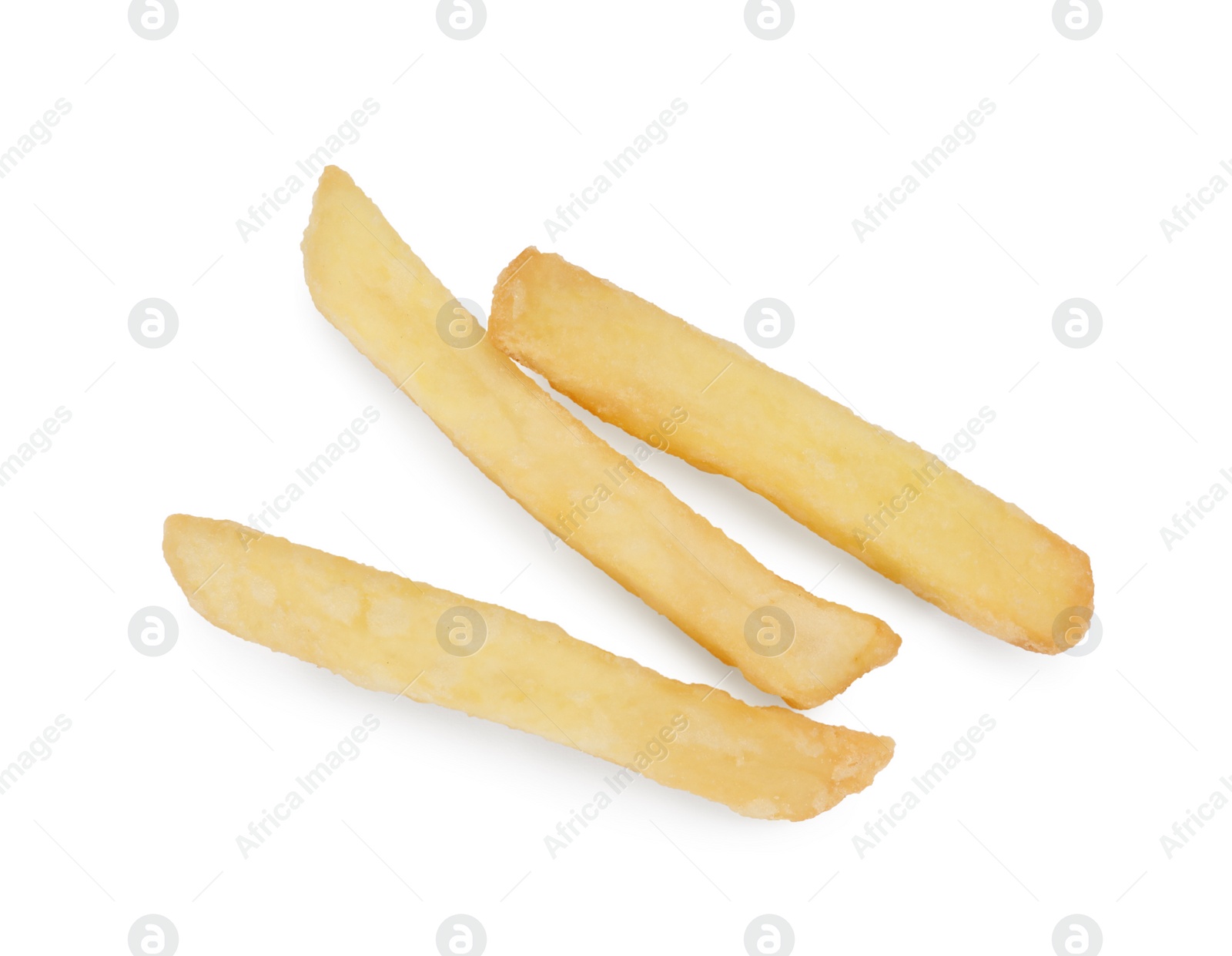 Photo of Delicious fresh french fries on white background, top view