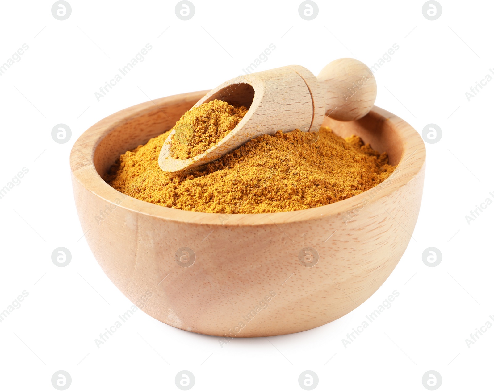 Photo of Dry curry powder in bowl and scoop isolated on white