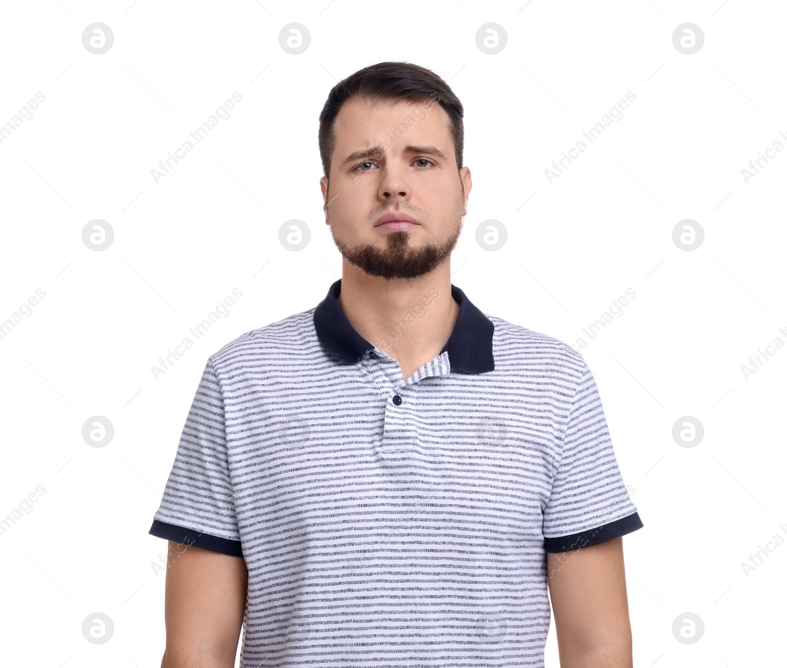 Photo of Portrait of sad man on white background