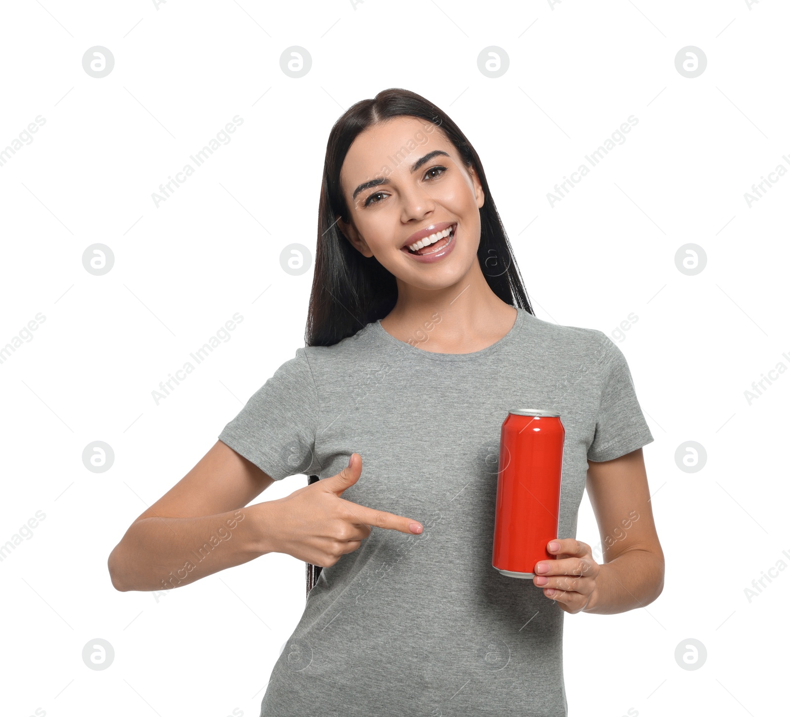 Photo of Beautiful happy woman holding red beverage can on white background