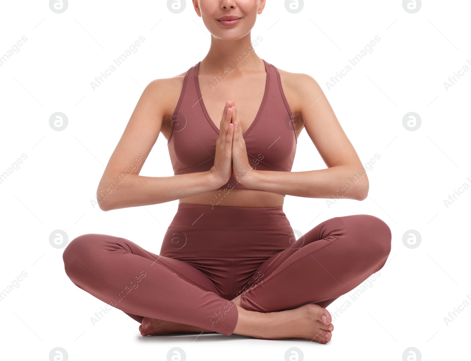 Photo of Woman practicing yoga on white background, closeup. Lotus pose