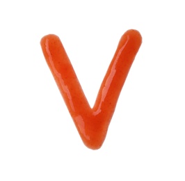 Photo of Letter V written with red sauce on white background
