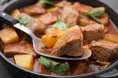 Photo of Spoon with delicious goulash above pot, closeup