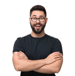 Portrait of happy young man with mustache on white background