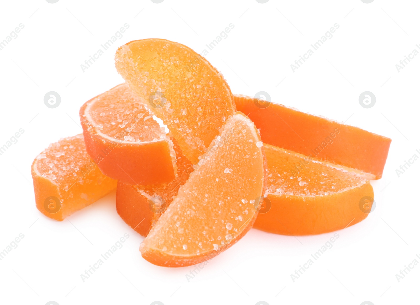 Photo of Sweet orange jelly candies on white background