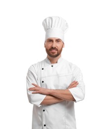 Smiling mature male chef on white background