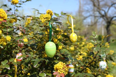 Photo of Beautifully painted Easter eggs hanging on tree outdoors