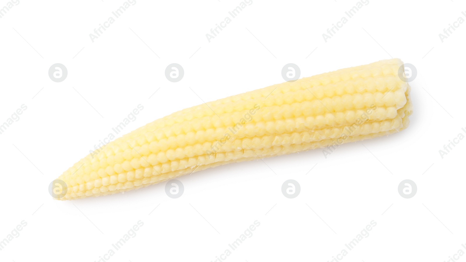 Photo of Tasty fresh yellow baby corn isolated on white, top view