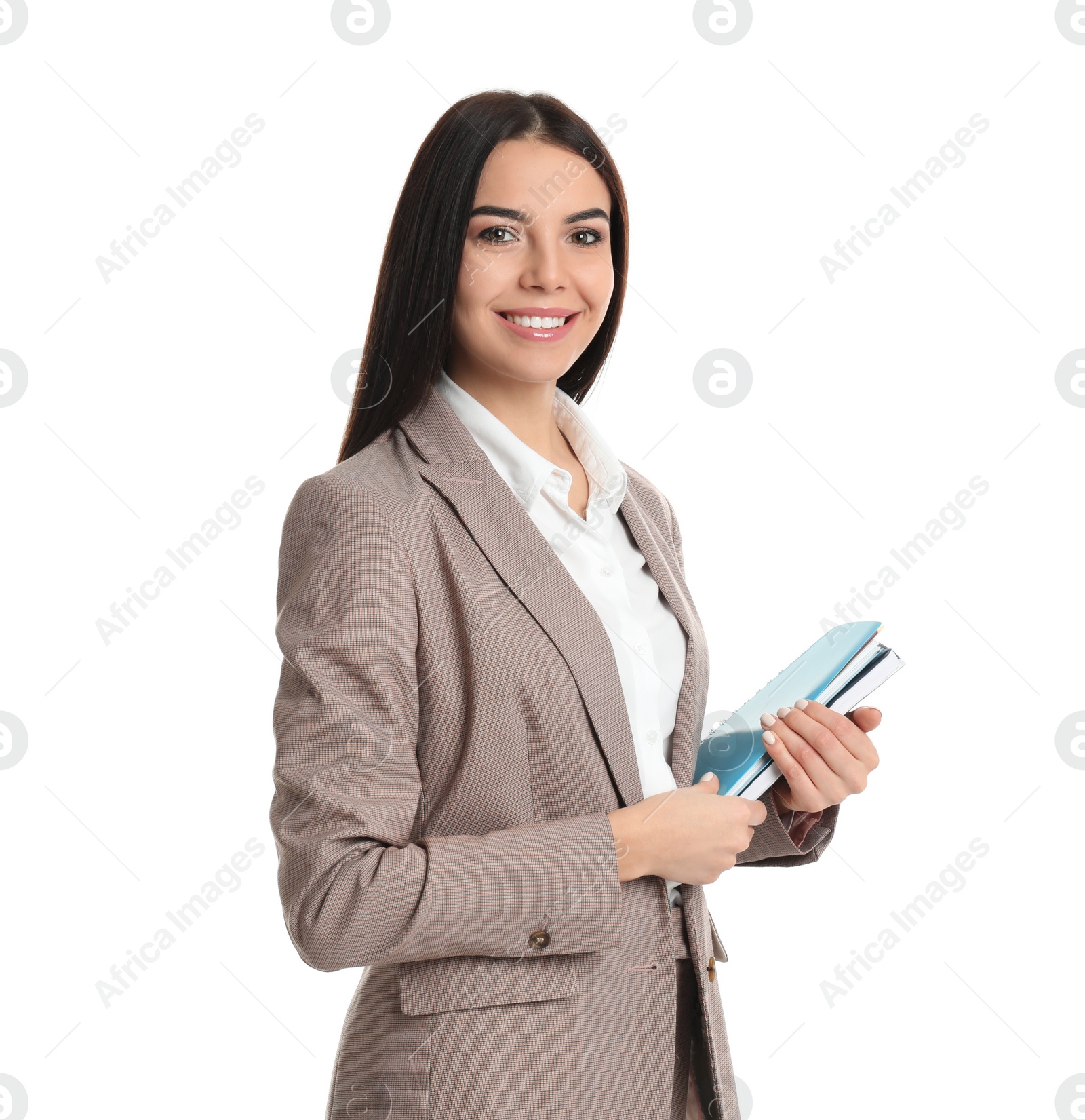 Photo of Real estate agent with notebook on white background