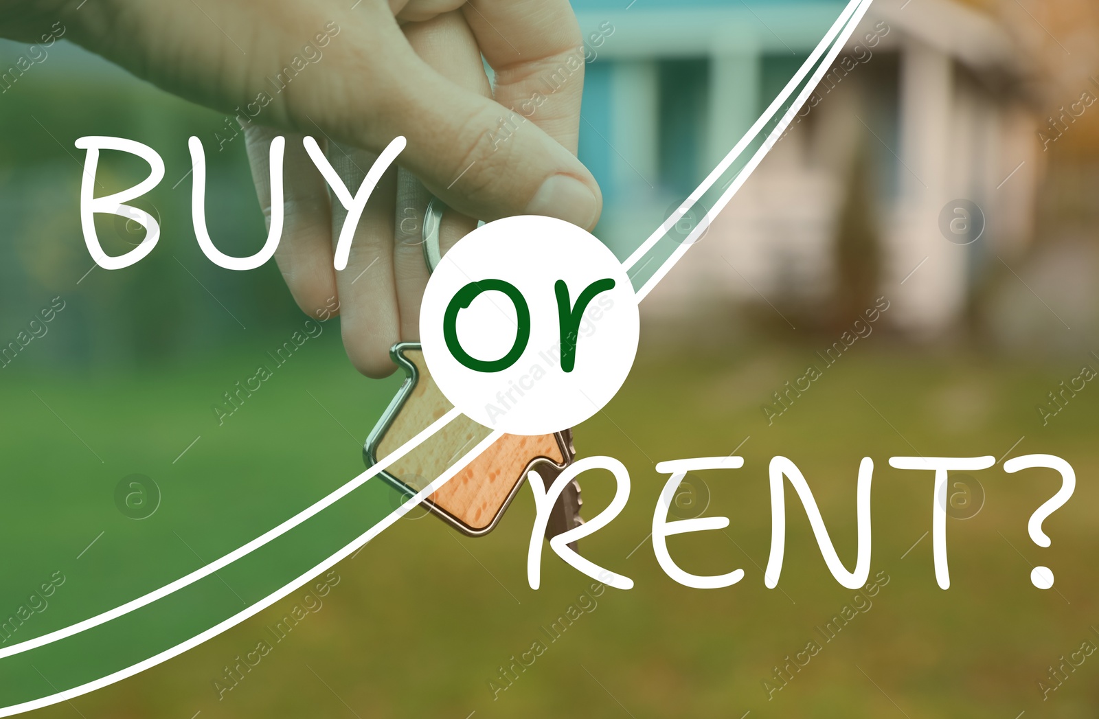 Image of Buy or Rent? Closeup view of woman holding keys to house outdoors, toned in green and yellow