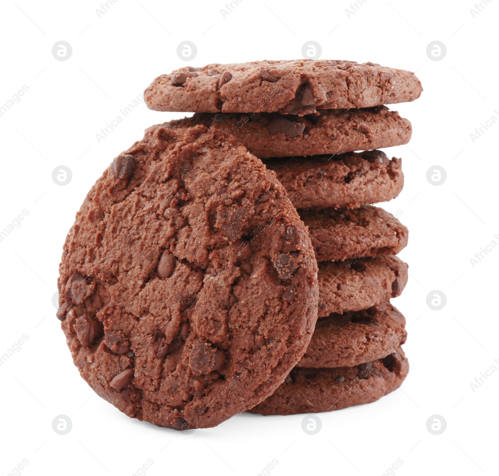 Photo of Stack of delicious chocolate chip cookies isolated on white