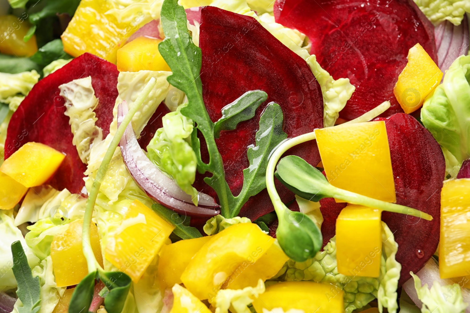 Photo of Tasty healthy beets salad, close up view