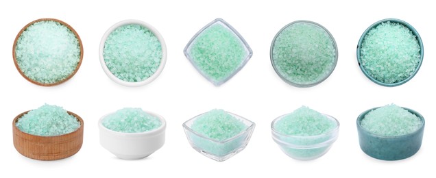 Image of Sea salt in bowls isolated on white, top and views