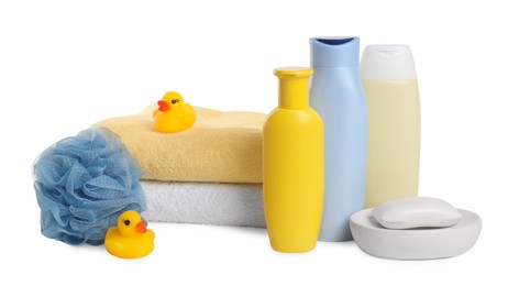 Photo of Baby cosmetic products, bath ducks, sponge and towels isolated on white