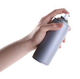 Photo of Man with can of spray paint on white background, closeup