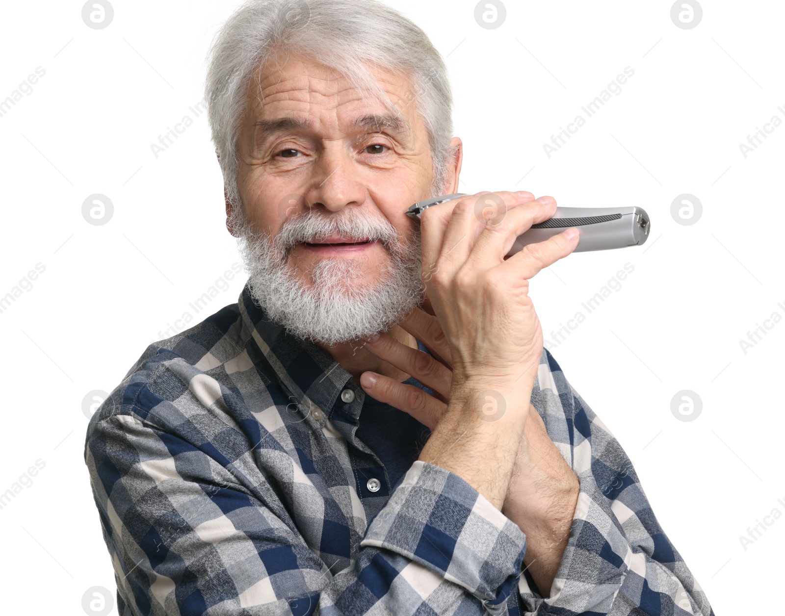 Photo of Senior man trimming beard on white background