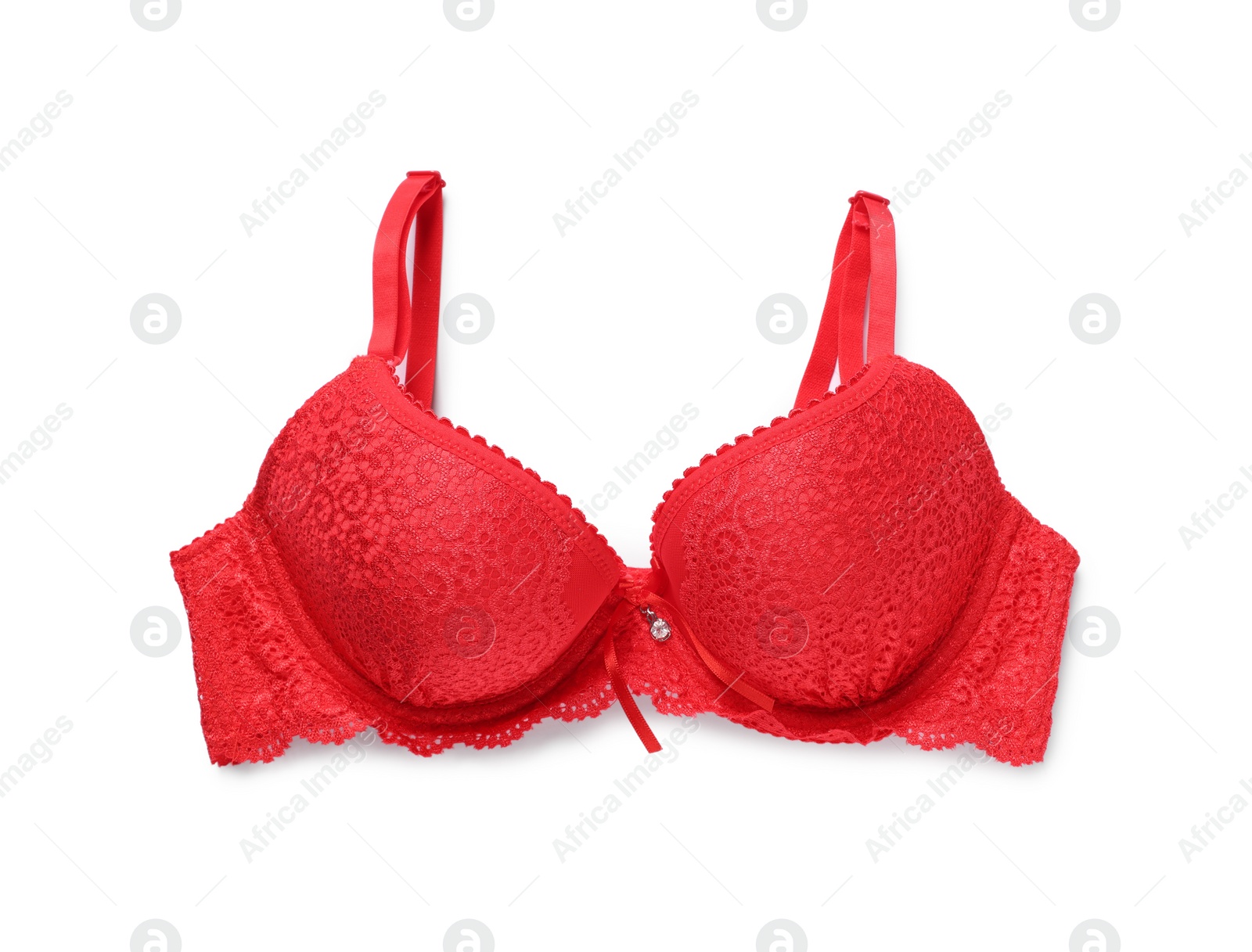 Photo of Elegant red women's underwear isolated on white, top view