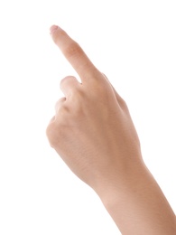 Photo of Woman pointing at something on white background, closeup of hand