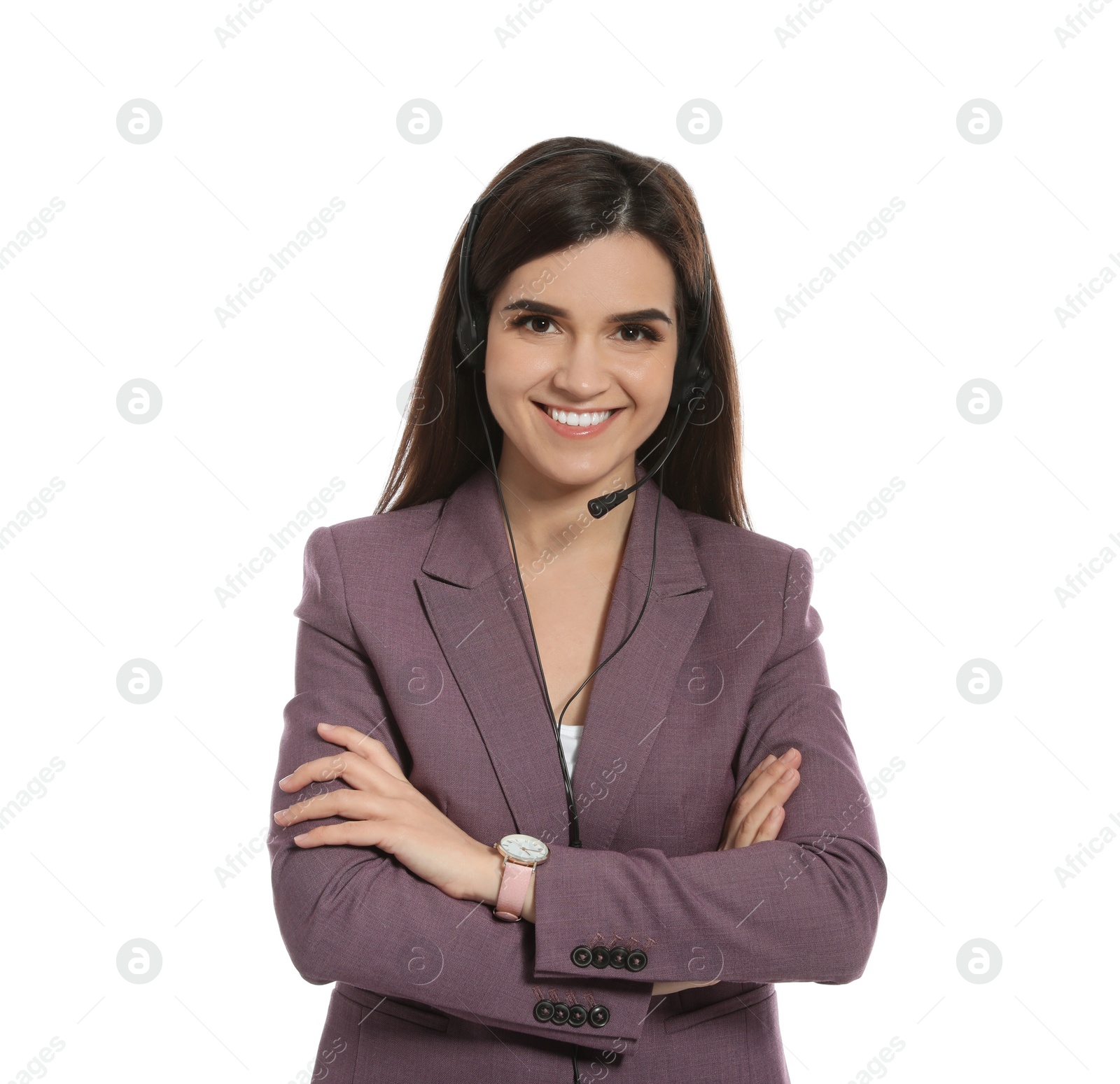 Photo of Technical support operator with headset on white background