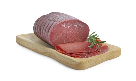 Tasty fresh dry bresaola, peppercorns and rosemary isolated on white