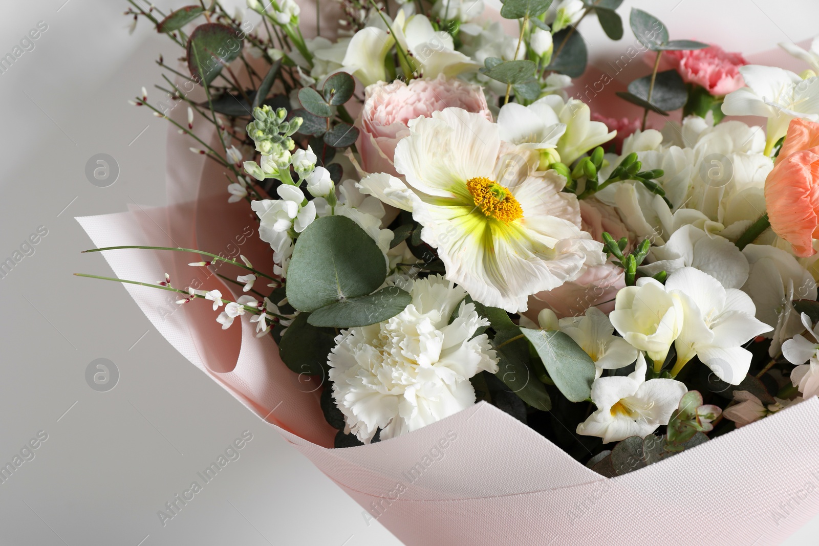 Photo of Bouquet of beautiful flowers on white background, closeup