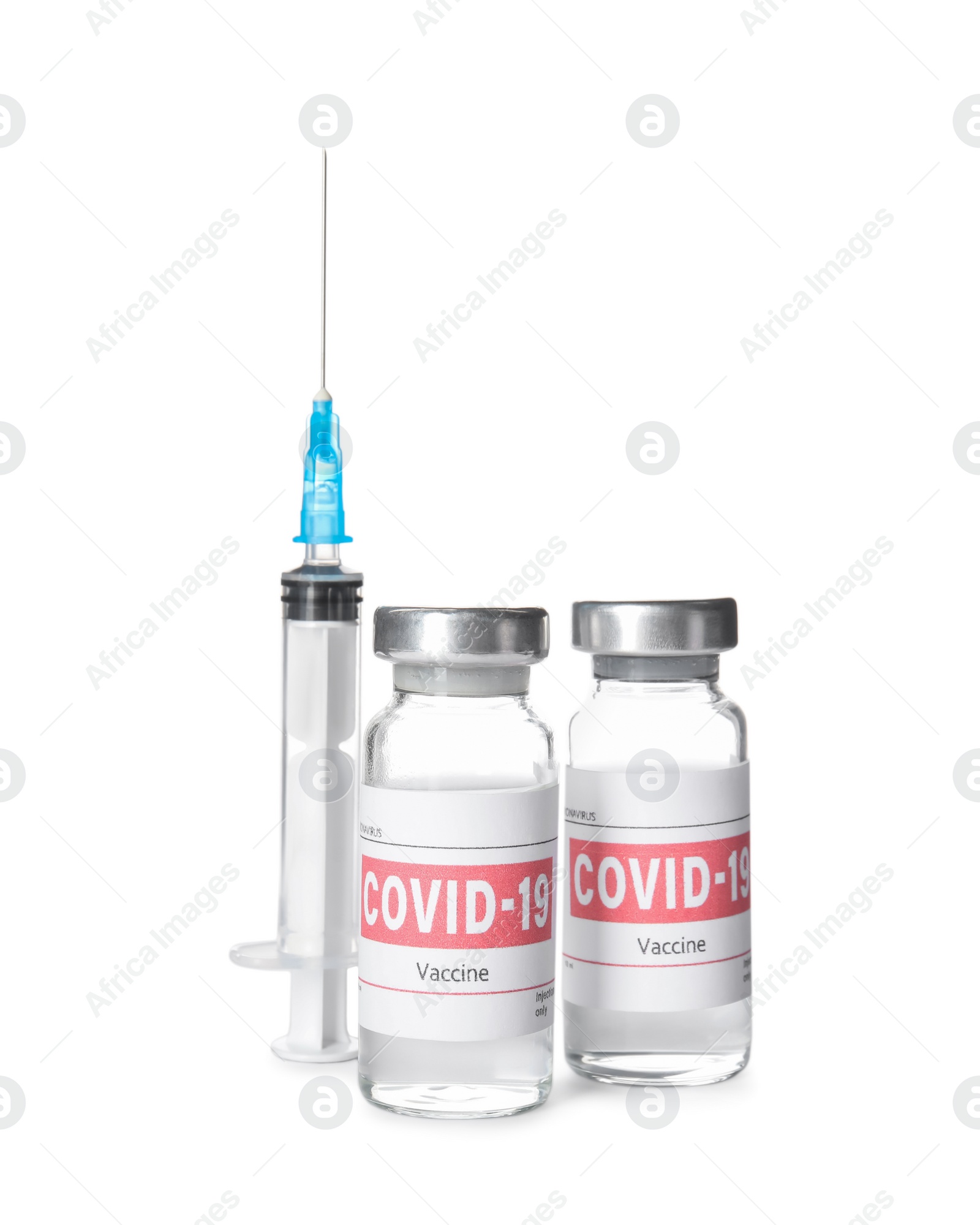 Photo of Vials with vaccine against coronavirus and syringe on white background