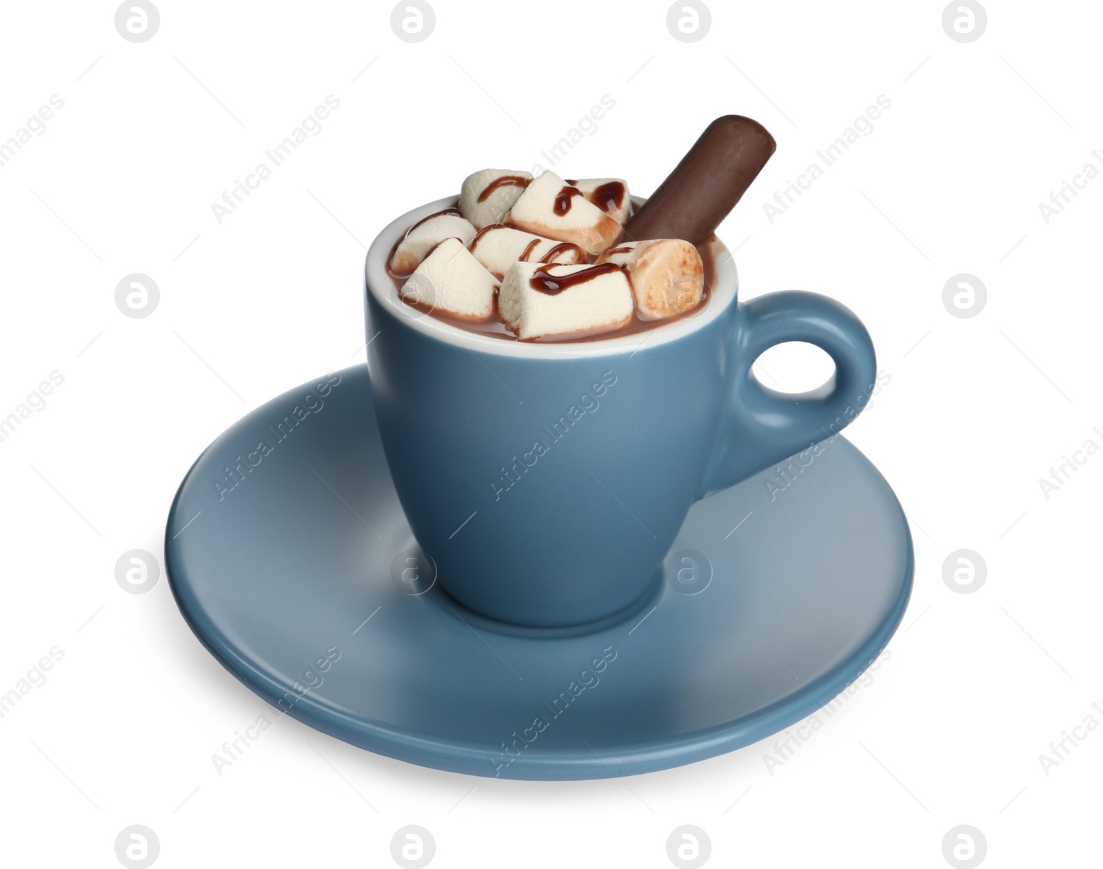 Photo of Cup of delicious hot chocolate with marshmallows isolated on white