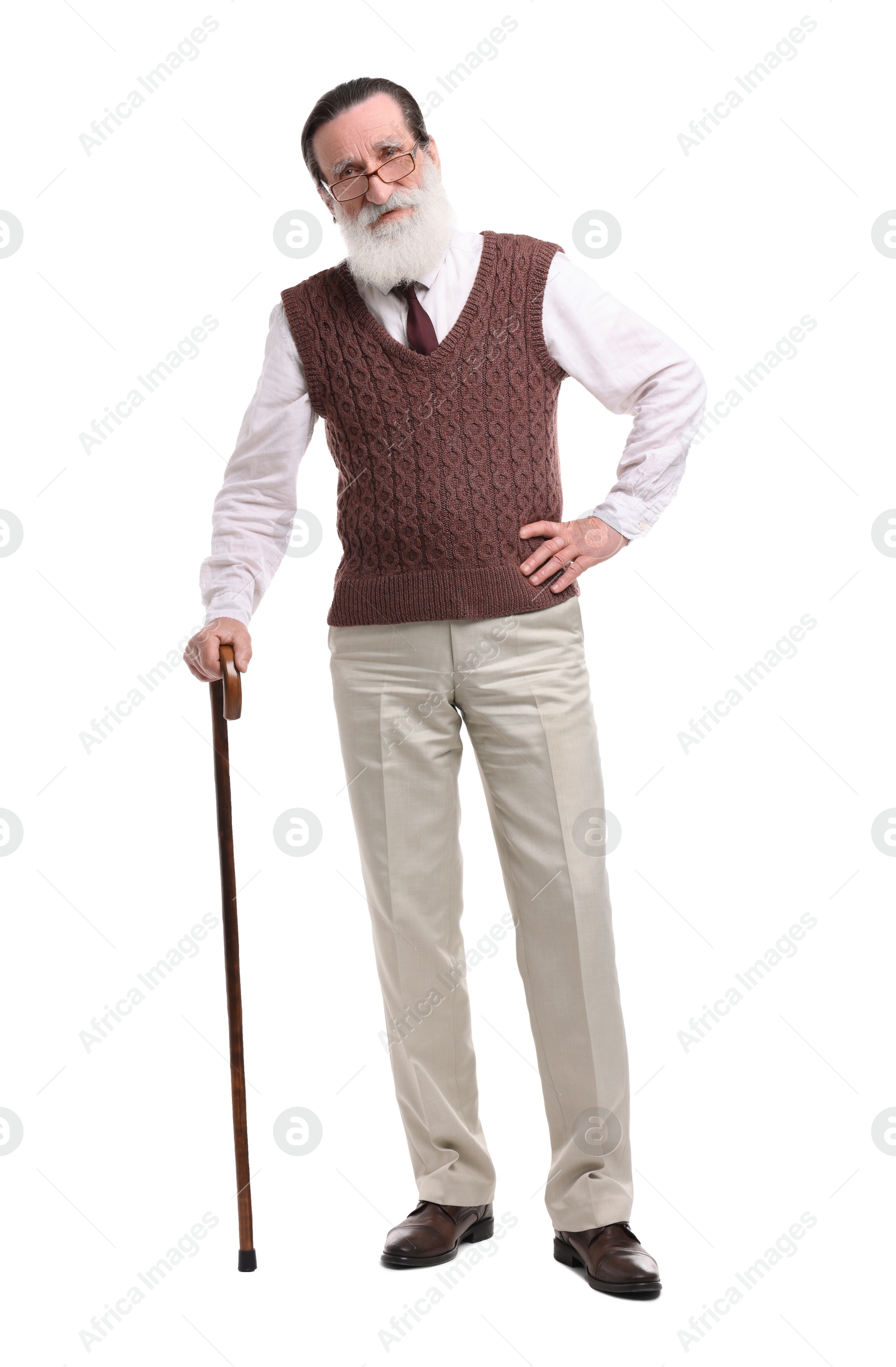 Photo of Senior man with walking cane on white background