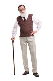 Photo of Senior man with walking cane on white background