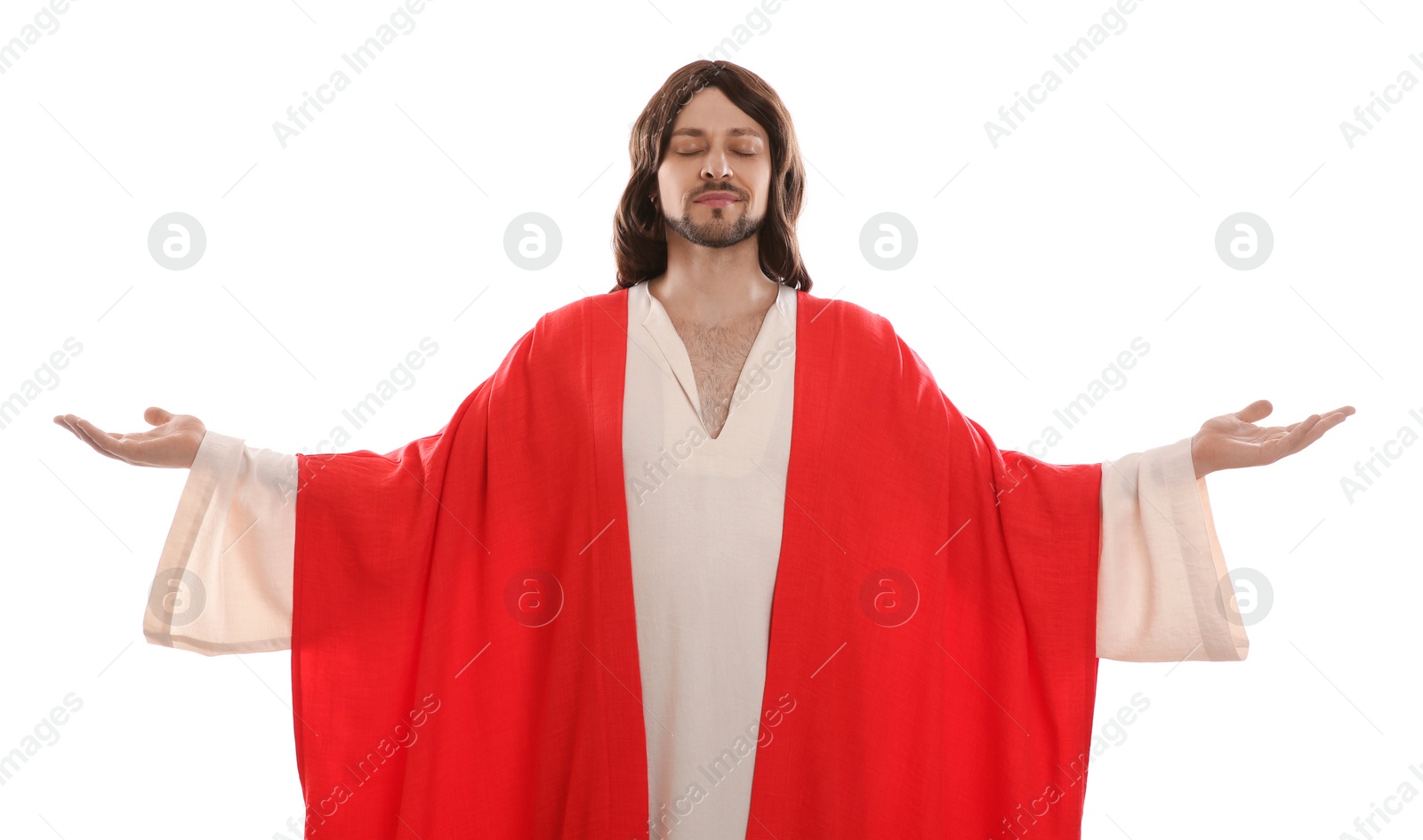 Photo of Jesus Christ with outstretched arms on white background