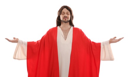 Photo of Jesus Christ with outstretched arms on white background