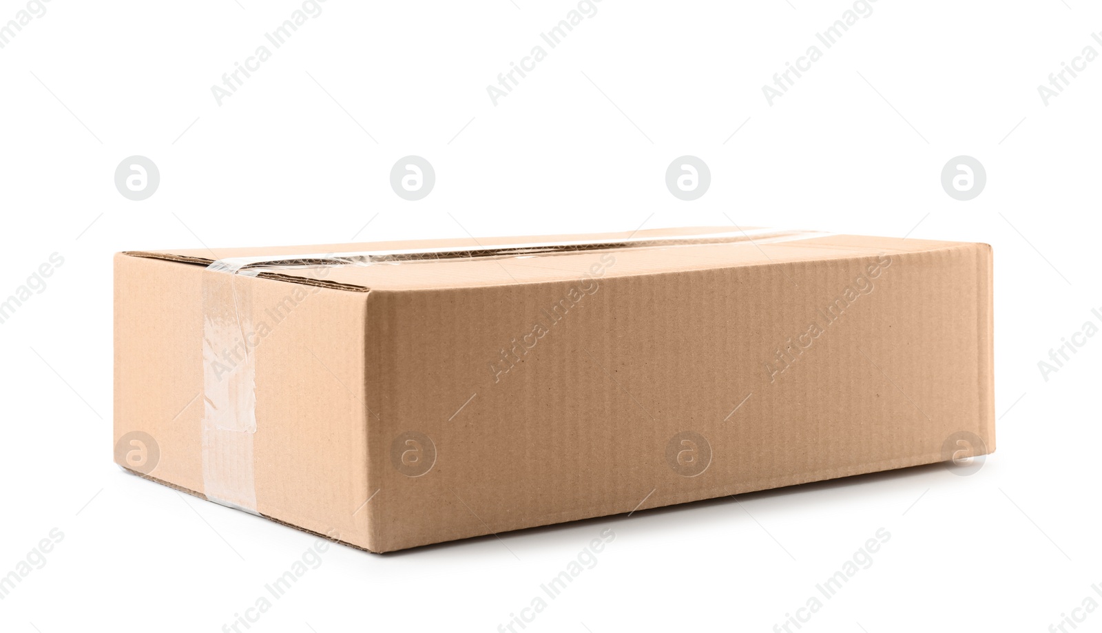 Photo of Closed cardboard box on white background. Mockup for design