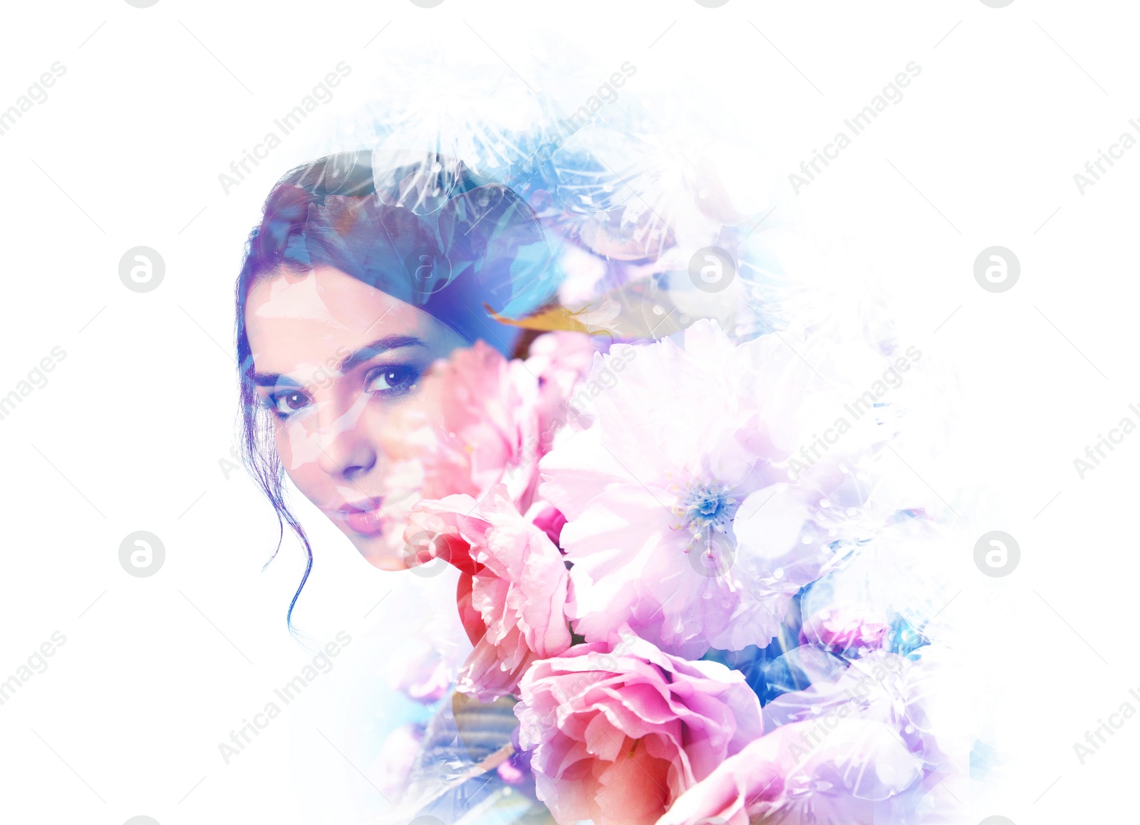 Image of Double exposure of beautiful woman and blooming flowers