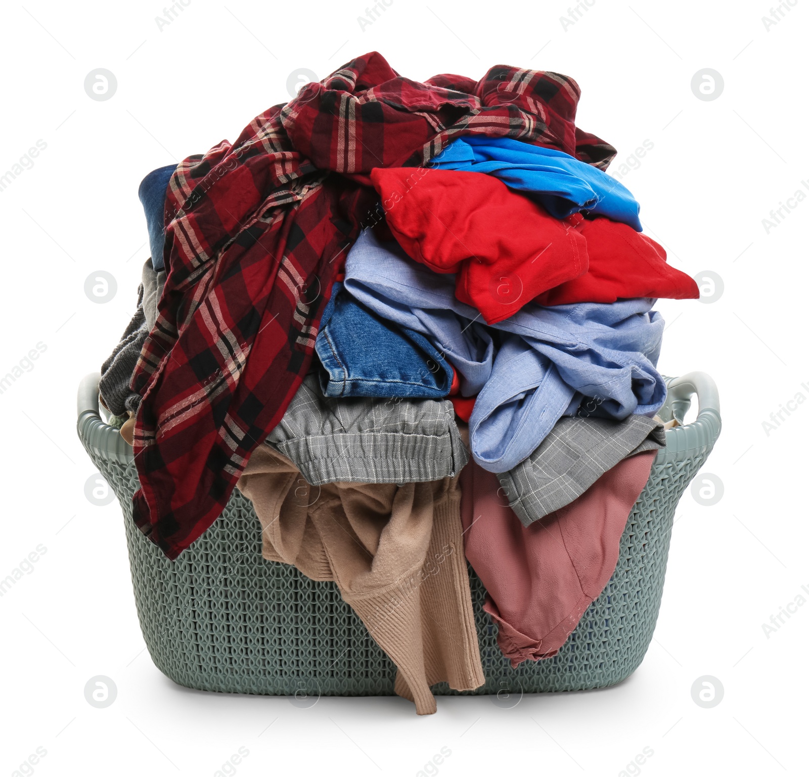 Photo of Plastic laundry basket full of clothes isolated on white