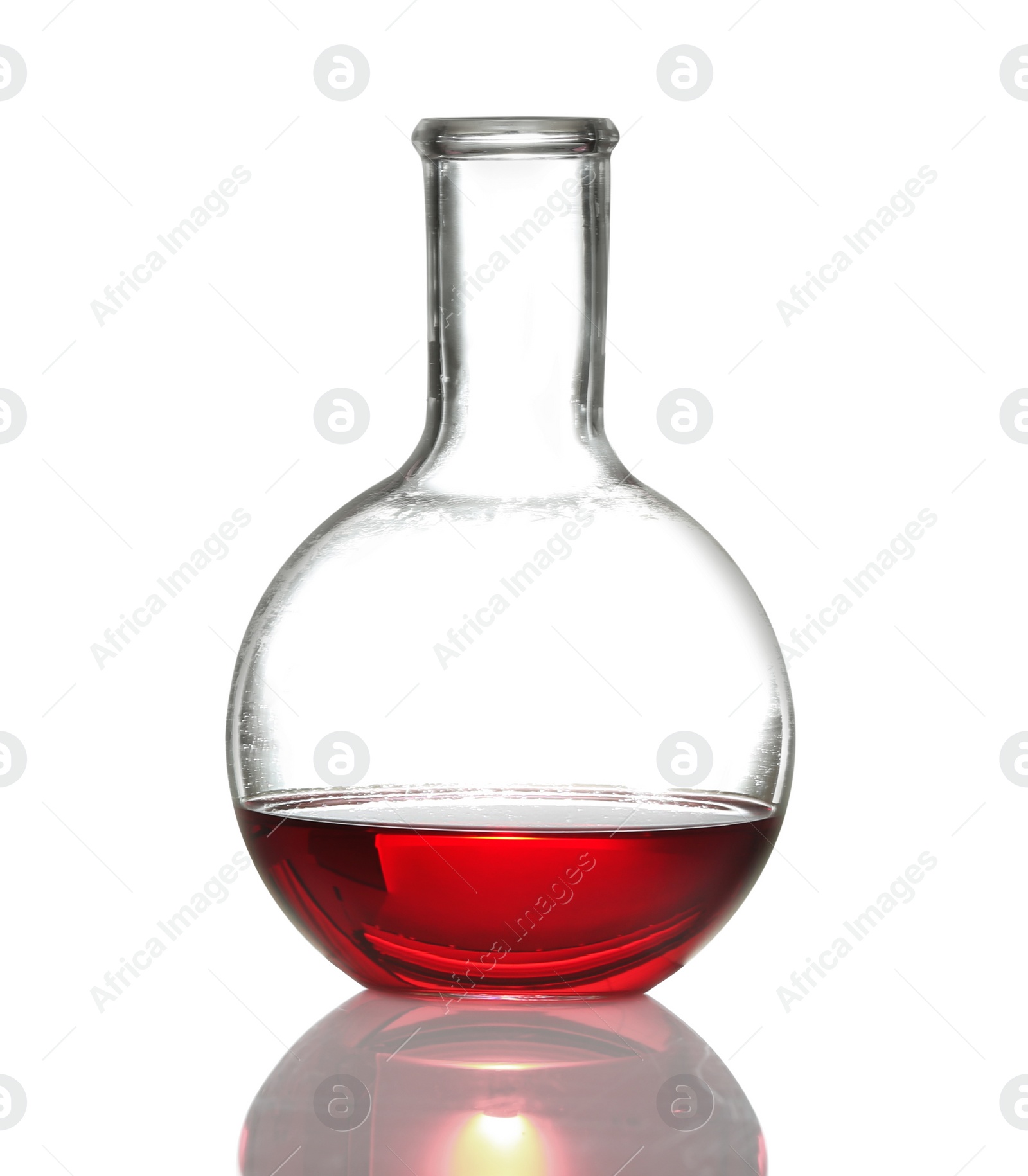 Photo of Florence flask with liquid on white background. Chemistry glassware