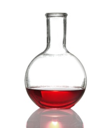 Photo of Florence flask with liquid on white background. Chemistry glassware
