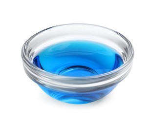 Photo of Glass bowl with light blue food coloring isolated on white