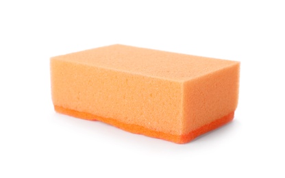 Photo of Cleaning sponge for dish washing on white background