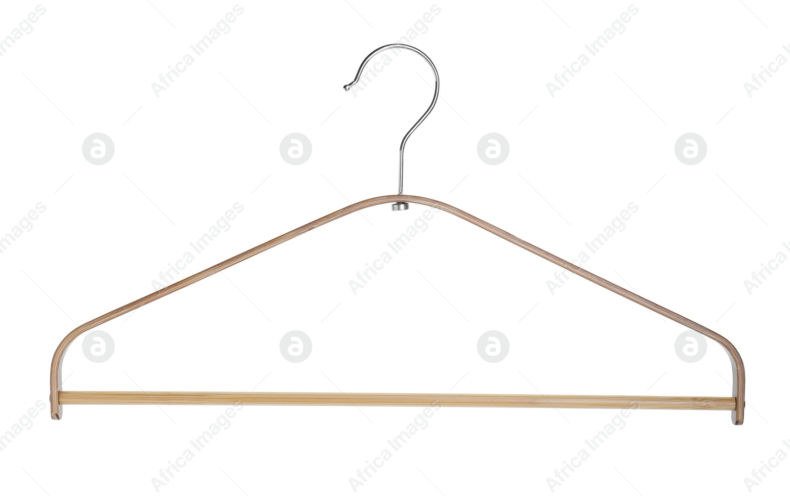 Photo of One empty wooden hanger isolated on white
