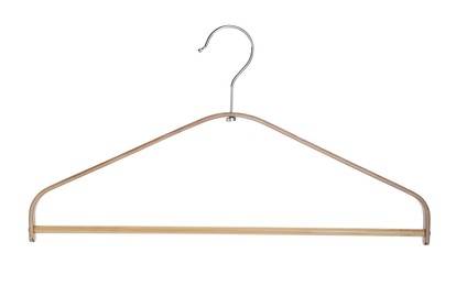 Photo of One empty wooden hanger isolated on white