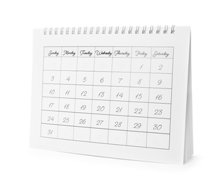 Photo of Paper calendar isolated on white. Planning concept