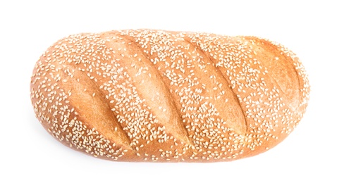 Photo of Loaf of fresh bread with sesame seeds on white background, top view