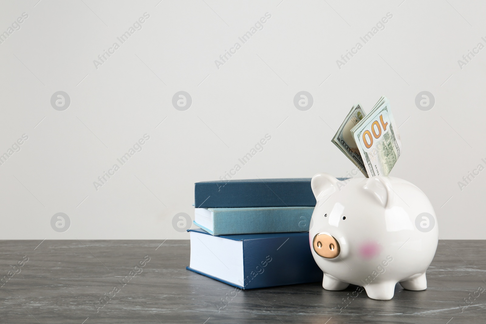 Photo of Piggy bank with dollars and books on table against white background. Space for text