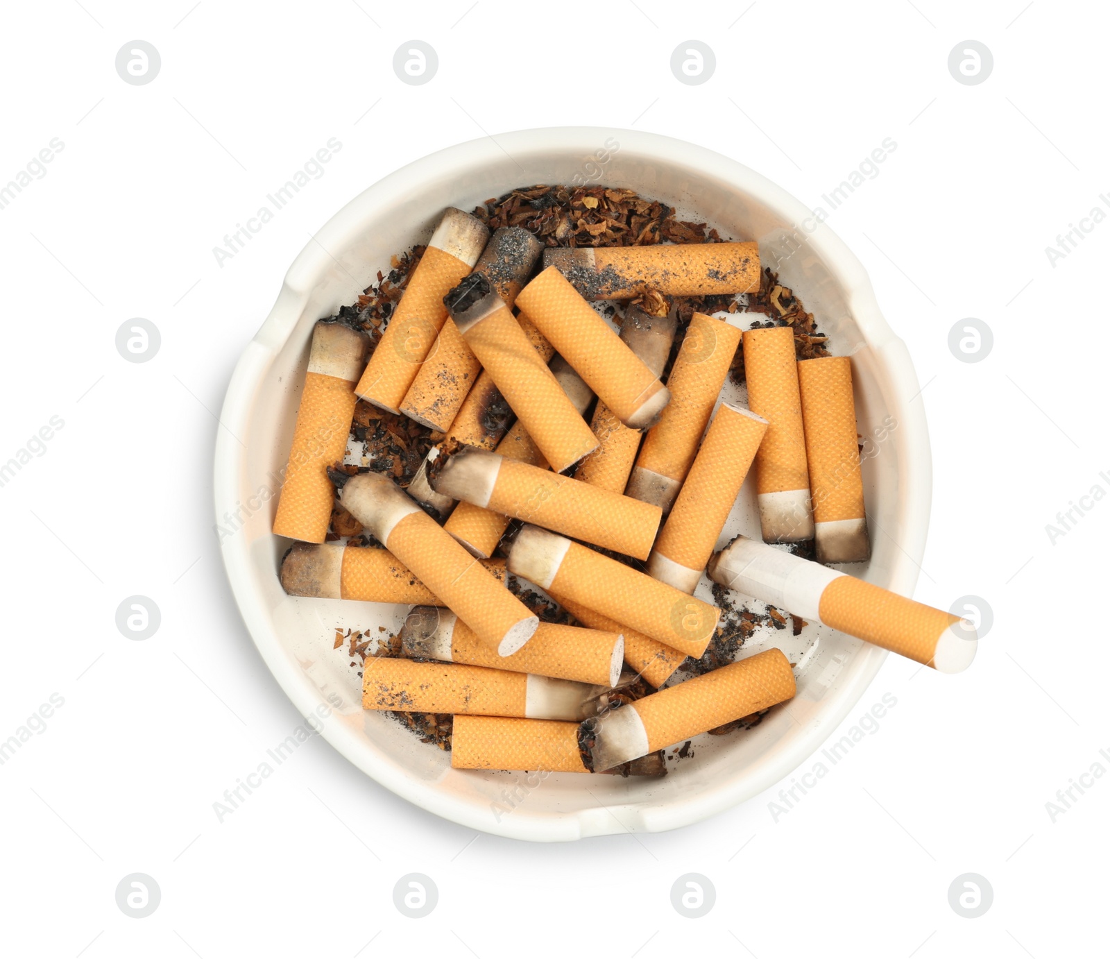 Photo of Ceramic ashtray full of cigarette stubs isolated on white, top view