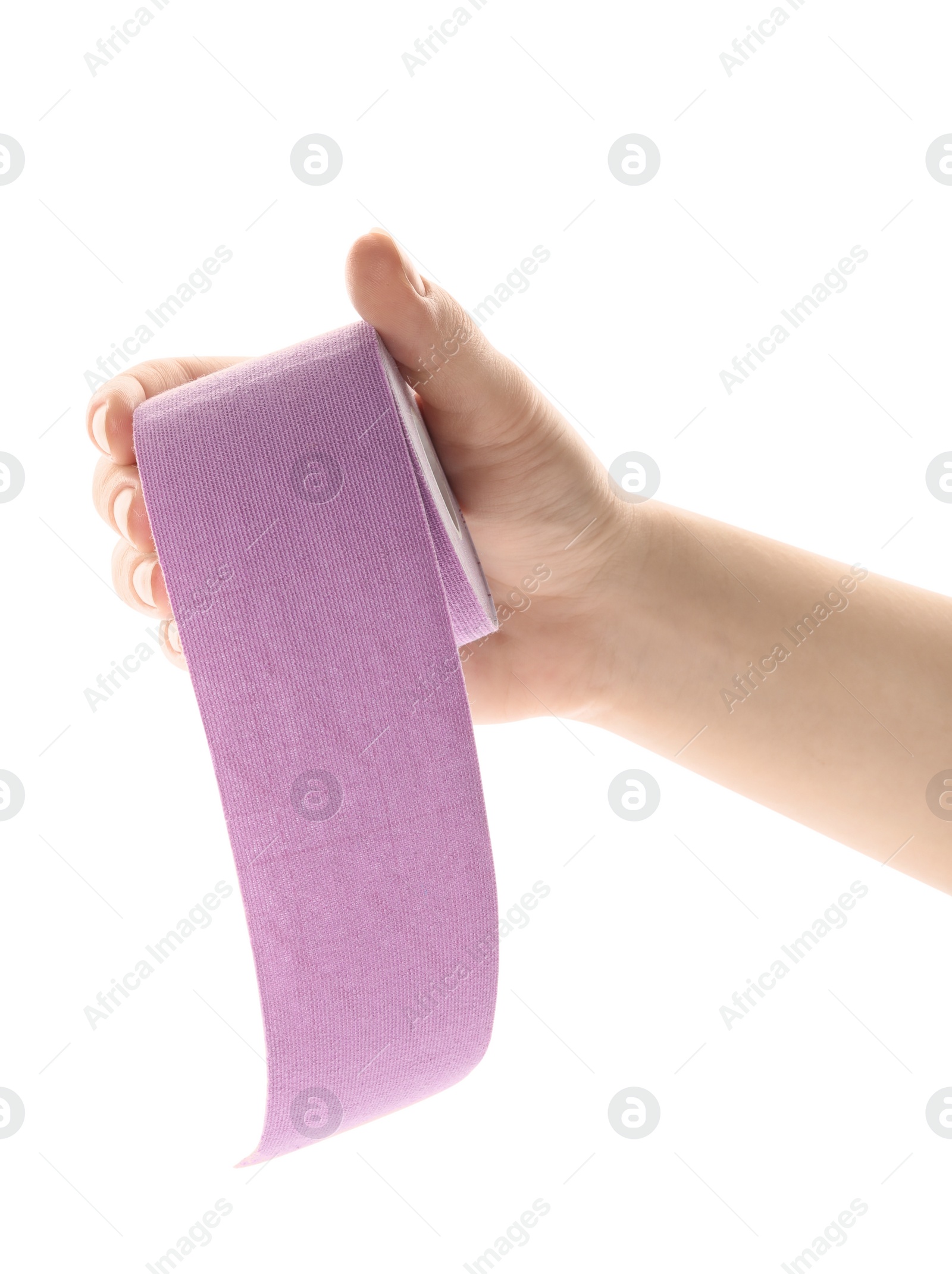 Photo of Woman with bright kinesio tape in roll on white background, closeup