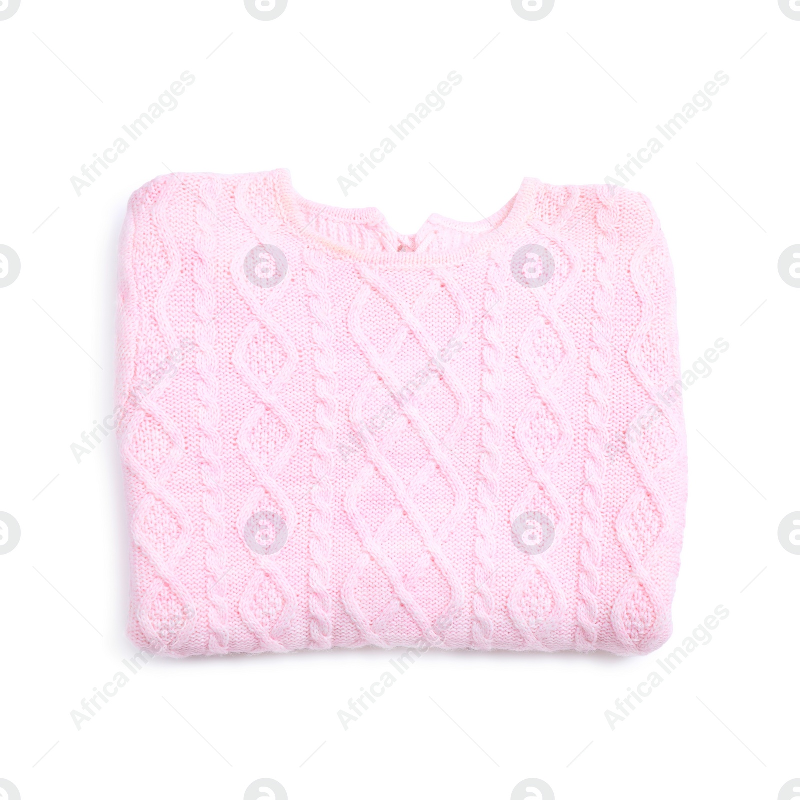 Photo of Folded pink knitted sweater on white background, top view