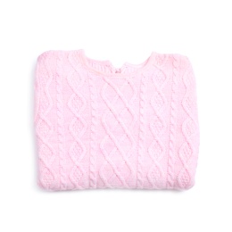 Photo of Folded pink knitted sweater on white background, top view