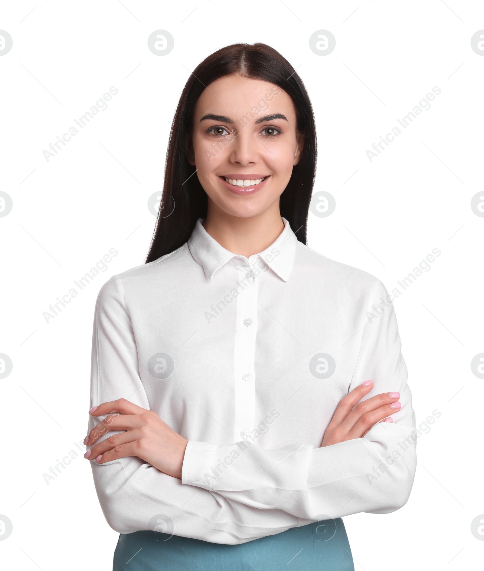 Photo of Portrait of young businesswoman on white background