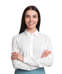 Portrait of young businesswoman on white background